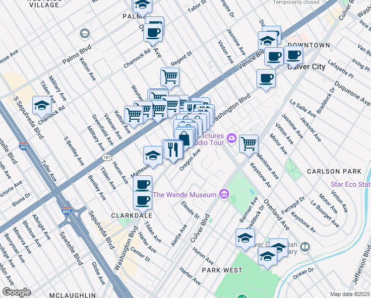 map of restaurants, bars, coffee shops, grocery stores, and more near Washington Blvd & Midway Ave in Culver City