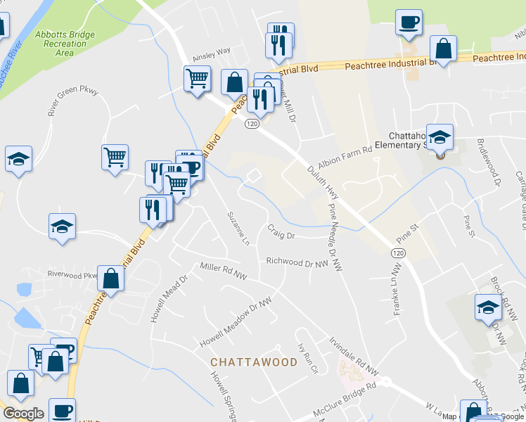 map of restaurants, bars, coffee shops, grocery stores, and more near 4124 Rogers Creek Court in Duluth
