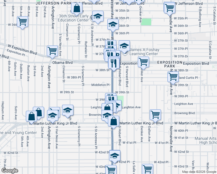 map of restaurants, bars, coffee shops, grocery stores, and more near 1614 Middleton Place in Los Angeles