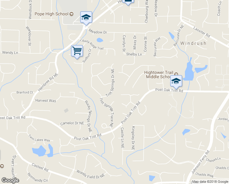 map of restaurants, bars, coffee shops, grocery stores, and more near 2694 Tritt Springs Drive Northeast in Marietta