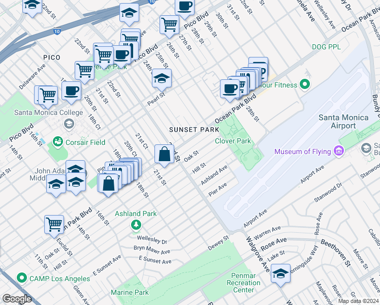 map of restaurants, bars, coffee shops, grocery stores, and more near in Santa Monica