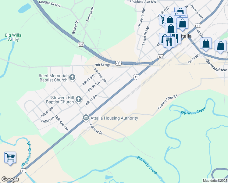 map of restaurants, bars, coffee shops, grocery stores, and more near 509 3rd Street Southwest in Attalla