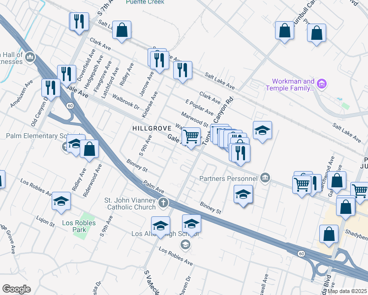 map of restaurants, bars, coffee shops, grocery stores, and more near 15118 Gale Avenue in La Puente