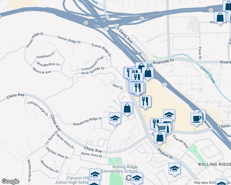 map of restaurants, bars, coffee shops, grocery stores, and more near 13115 Le Parc Boulevard in Chino Hills
