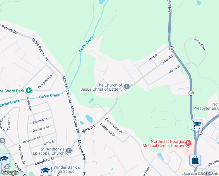 map of restaurants, bars, coffee shops, grocery stores, and more near 226 Ryan Road in Winder