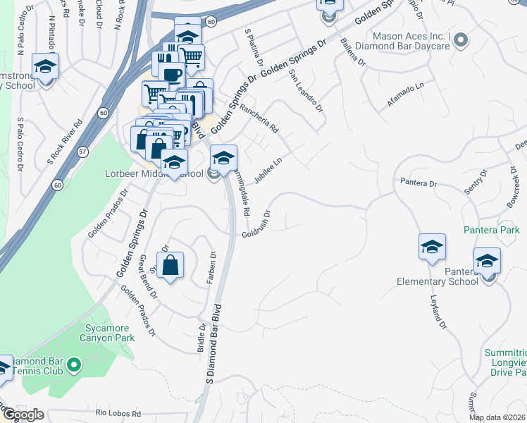 map of restaurants, bars, coffee shops, grocery stores, and more near 23623 Goldrush Drive in Diamond Bar