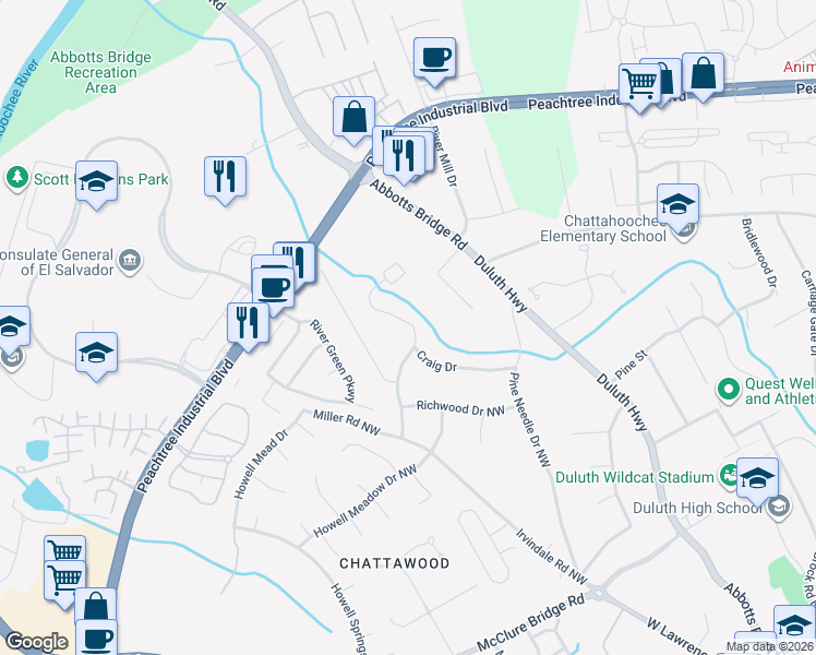 map of restaurants, bars, coffee shops, grocery stores, and more near 4140 Rogers Creek Court in Duluth