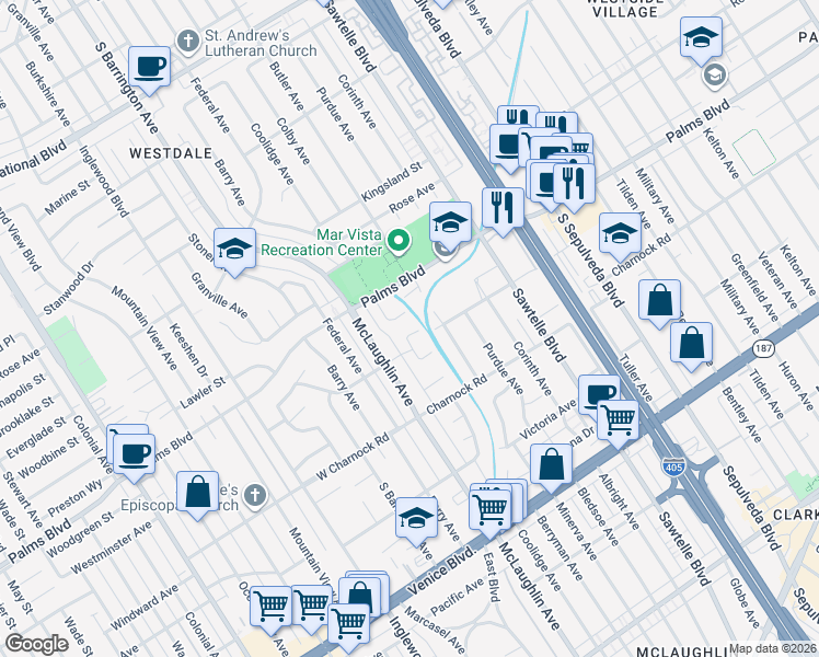 map of restaurants, bars, coffee shops, grocery stores, and more near 11523 Vienna Way in Los Angeles