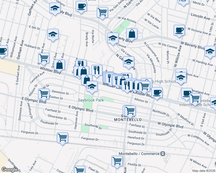 map of restaurants, bars, coffee shops, grocery stores, and more near 6422 Whittier Boulevard in East Los Angeles