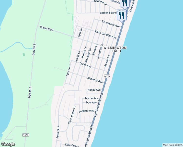 map of restaurants, bars, coffee shops, grocery stores, and more near 1610 Swordfish Lane in Carolina Beach