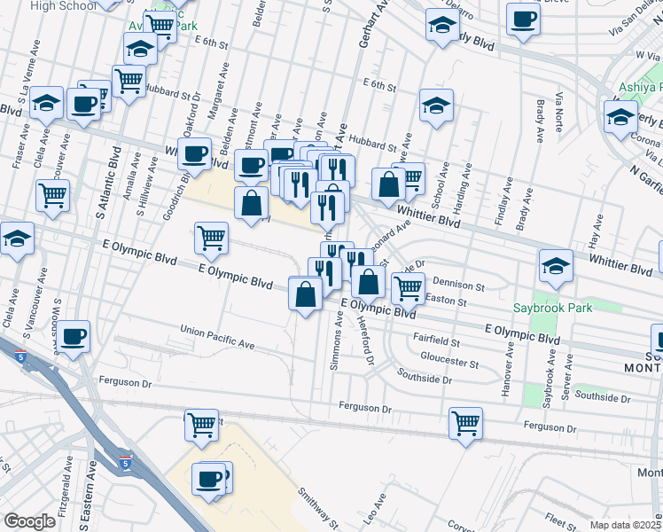 map of restaurants, bars, coffee shops, grocery stores, and more near 1026 South Gerhart Avenue in Commerce