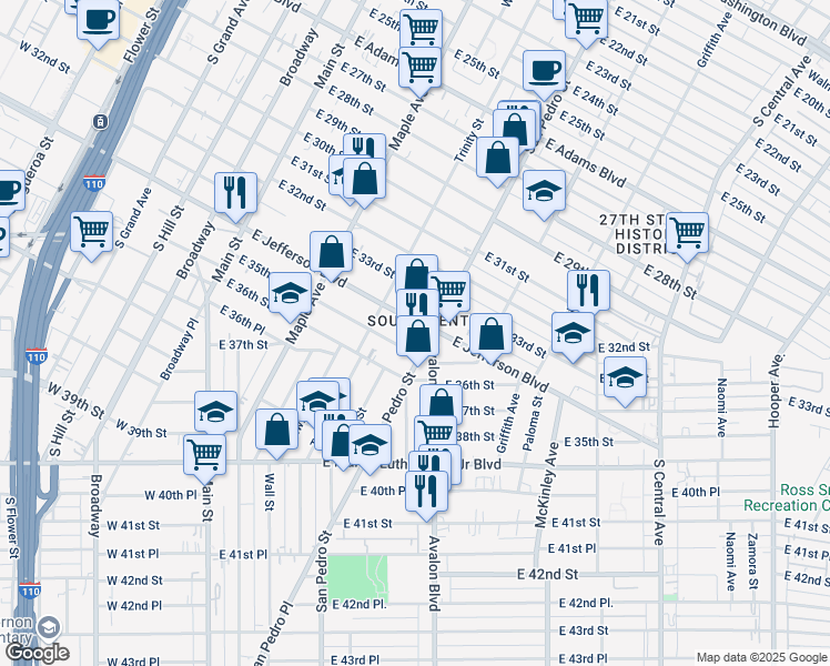 map of restaurants, bars, coffee shops, grocery stores, and more near 540 E Jefferson Blvd in Los Angeles