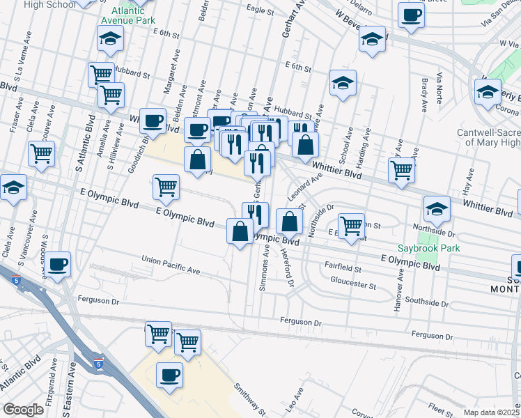 map of restaurants, bars, coffee shops, grocery stores, and more near 1026 South Gerhart Avenue in Commerce