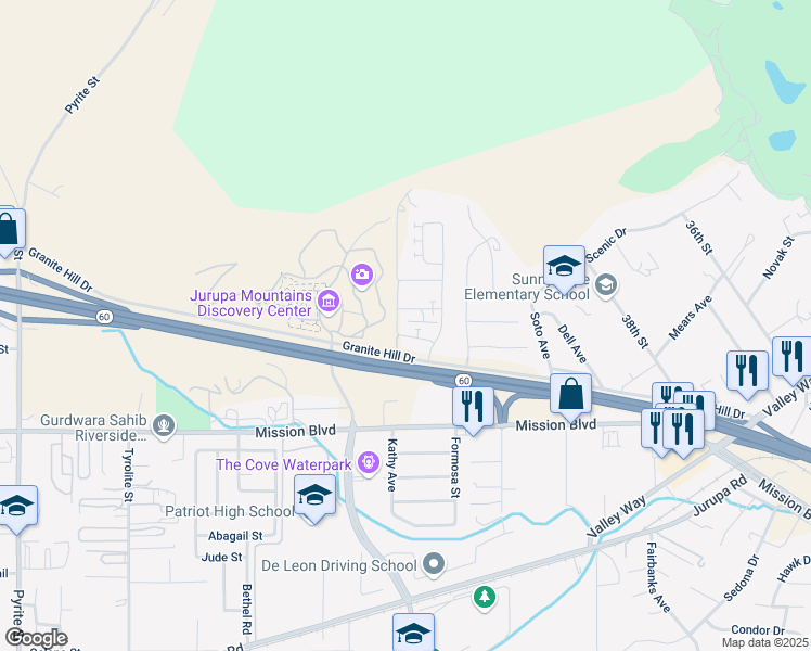 map of restaurants, bars, coffee shops, grocery stores, and more near 7410 Hawkeye Ridge Road in Jurupa Valley