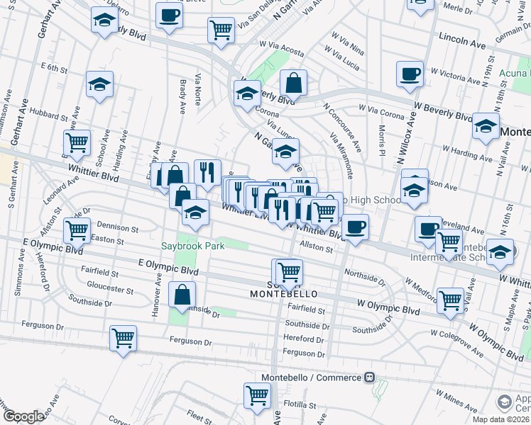 map of restaurants, bars, coffee shops, grocery stores, and more near 6457 Whittier Boulevard in East Los Angeles
