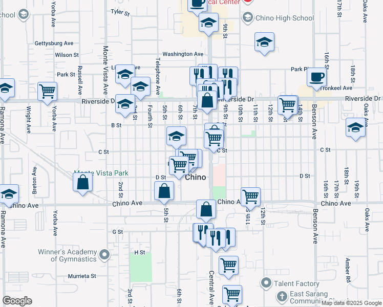 map of restaurants, bars, coffee shops, grocery stores, and more near 13085 6th Street in Chino