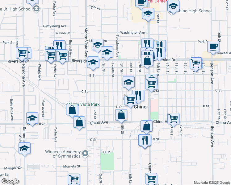 map of restaurants, bars, coffee shops, grocery stores, and more near 13086 Fourth Street in Chino