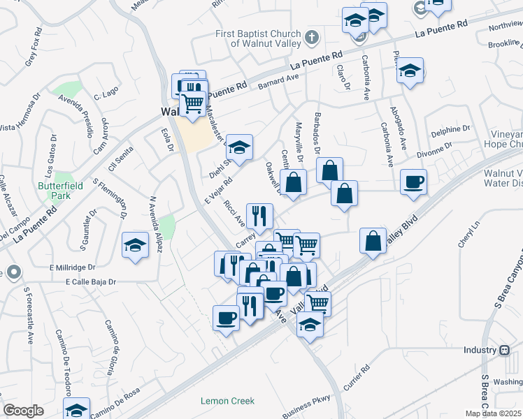 map of restaurants, bars, coffee shops, grocery stores, and more near 112 Corta Cresta Drive in Walnut