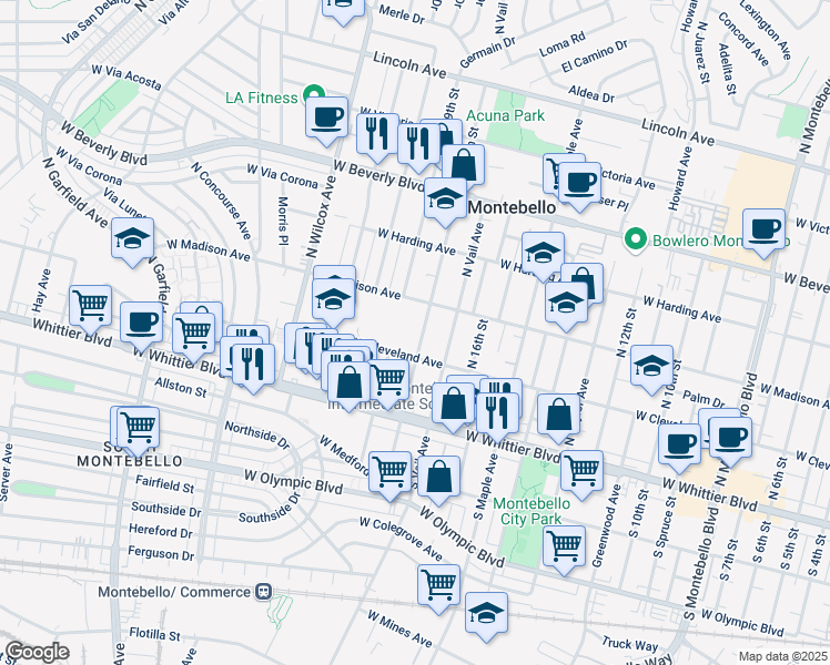 map of restaurants, bars, coffee shops, grocery stores, and more near 227 North 18th Street in Montebello