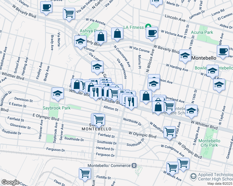 map of restaurants, bars, coffee shops, grocery stores, and more near 2441 West Cleveland Avenue in Montebello