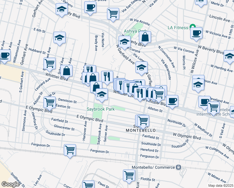 map of restaurants, bars, coffee shops, grocery stores, and more near 6413 Whittier Boulevard in East Los Angeles