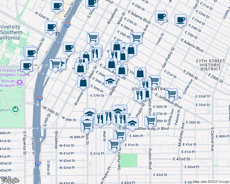 map of restaurants, bars, coffee shops, grocery stores, and more near 3601 Maple Avenue in Los Angeles