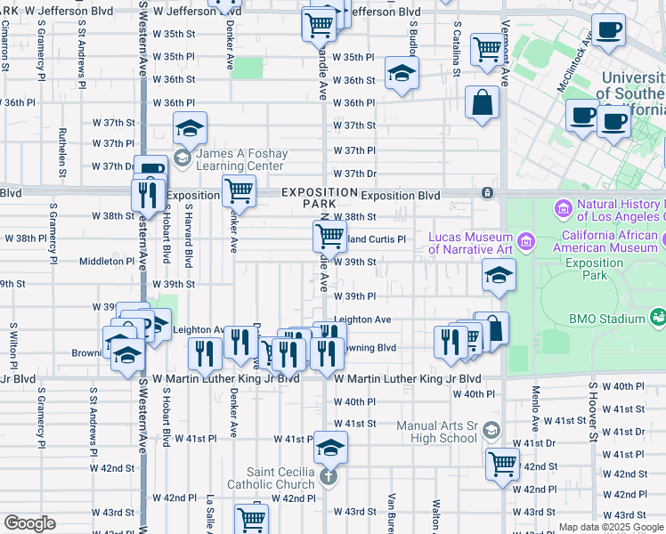 map of restaurants, bars, coffee shops, grocery stores, and more near 1307 West 39th Street in Los Angeles