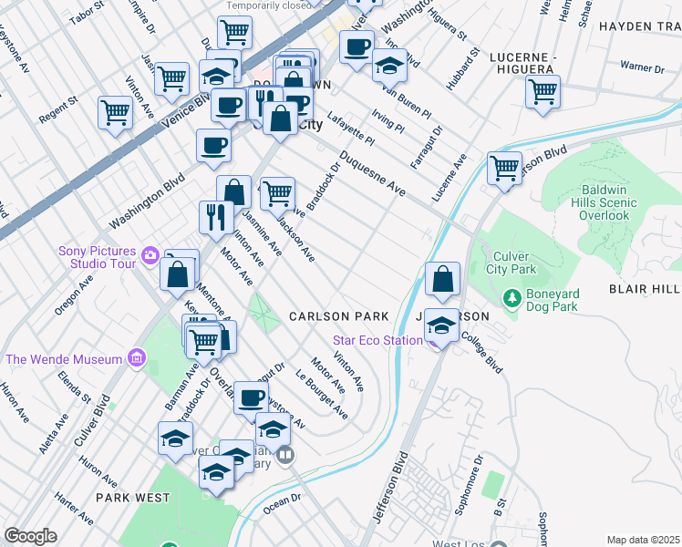 map of restaurants, bars, coffee shops, grocery stores, and more near 4164 Jackson Avenue in Culver City