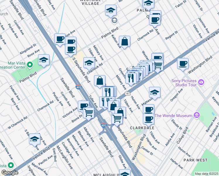 map of restaurants, bars, coffee shops, grocery stores, and more near 3729 Tilden Avenue in Los Angeles