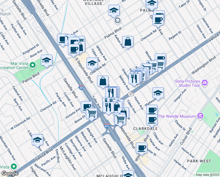 map of restaurants, bars, coffee shops, grocery stores, and more near 3703 South Bentley Avenue in Los Angeles
