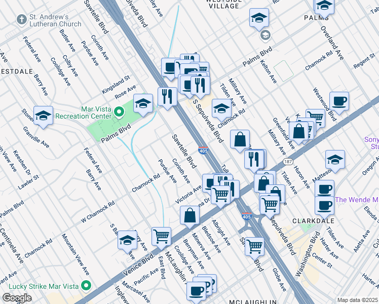 map of restaurants, bars, coffee shops, grocery stores, and more near 11273 Charnock Road in Los Angeles