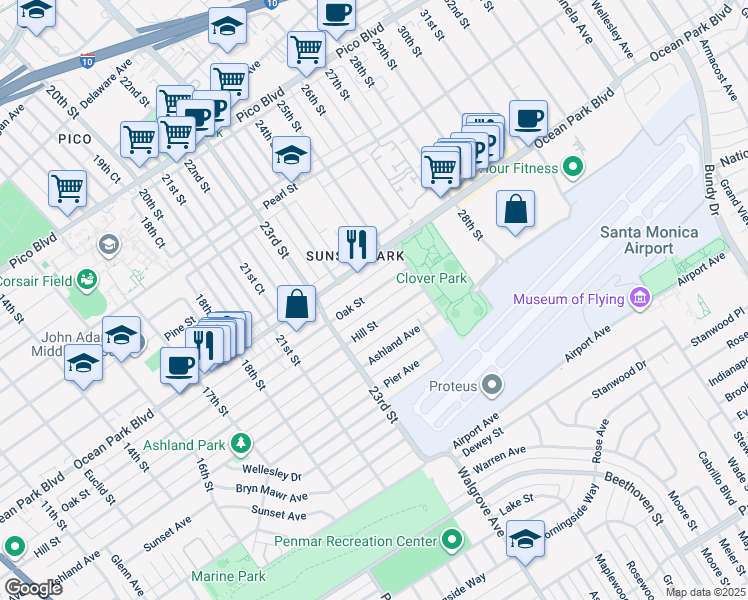 map of restaurants, bars, coffee shops, grocery stores, and more near 2410 1/2 Oak Street in Santa Monica
