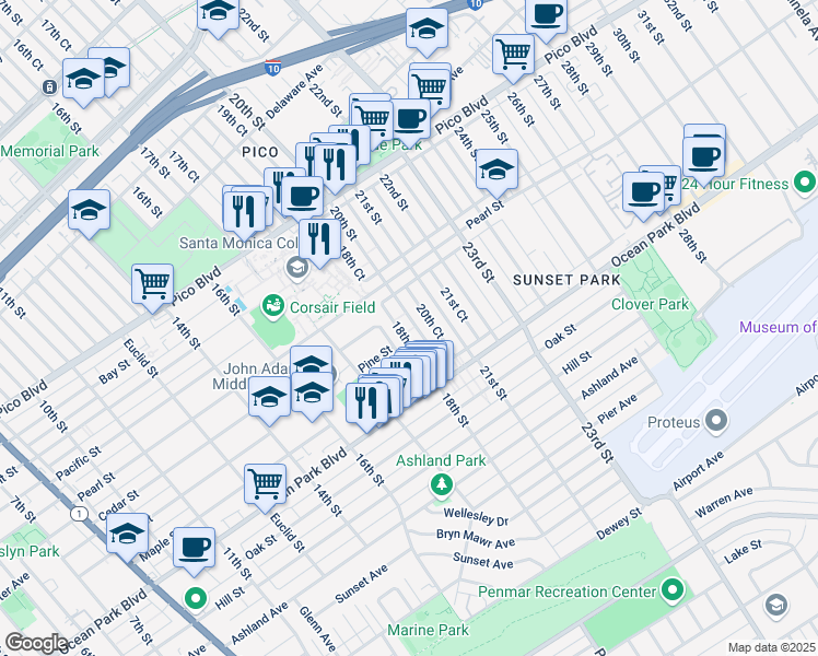 map of restaurants, bars, coffee shops, grocery stores, and more near 2352 18th Court in Santa Monica