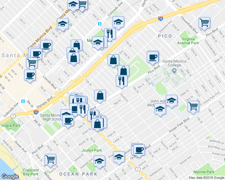 map of restaurants, bars, coffee shops, grocery stores, and more near 1923 12th Street in Santa Monica