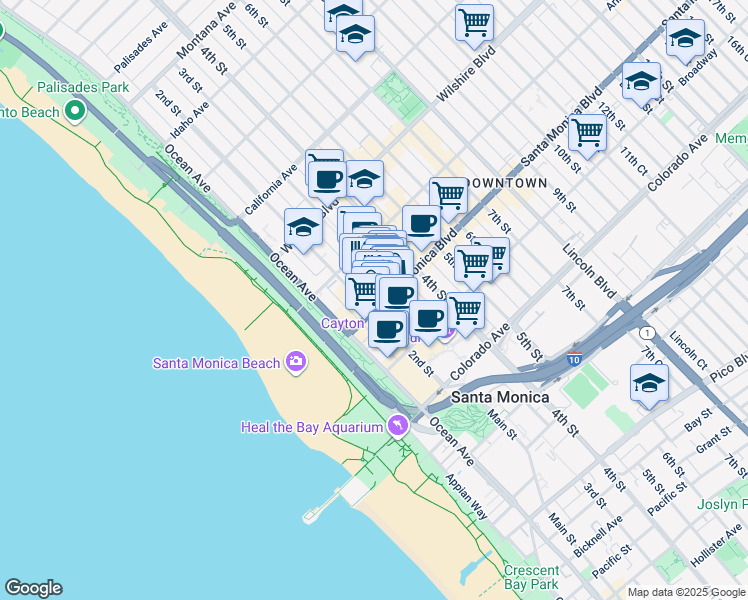 map of restaurants, bars, coffee shops, grocery stores, and more near 1408 3rd Street Promenade in Santa Monica