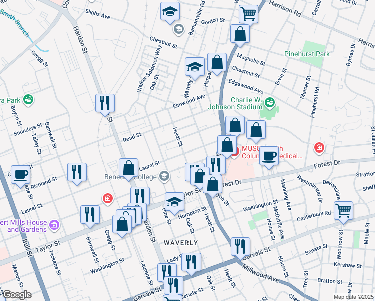 map of restaurants, bars, coffee shops, grocery stores, and more near 1826 Heidt Street in Columbia