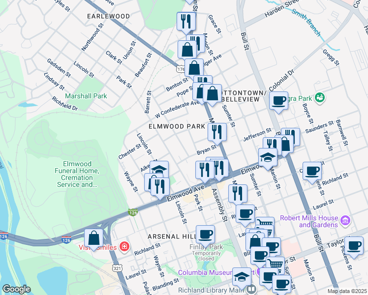 map of restaurants, bars, coffee shops, grocery stores, and more near 2301 Clark Street in Columbia