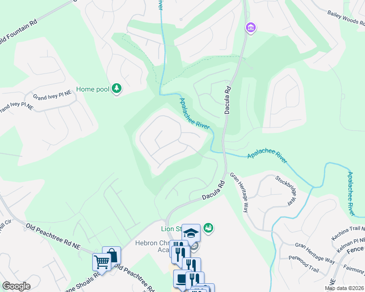 map of restaurants, bars, coffee shops, grocery stores, and more near 2673 Misty Rock Cove in Dacula