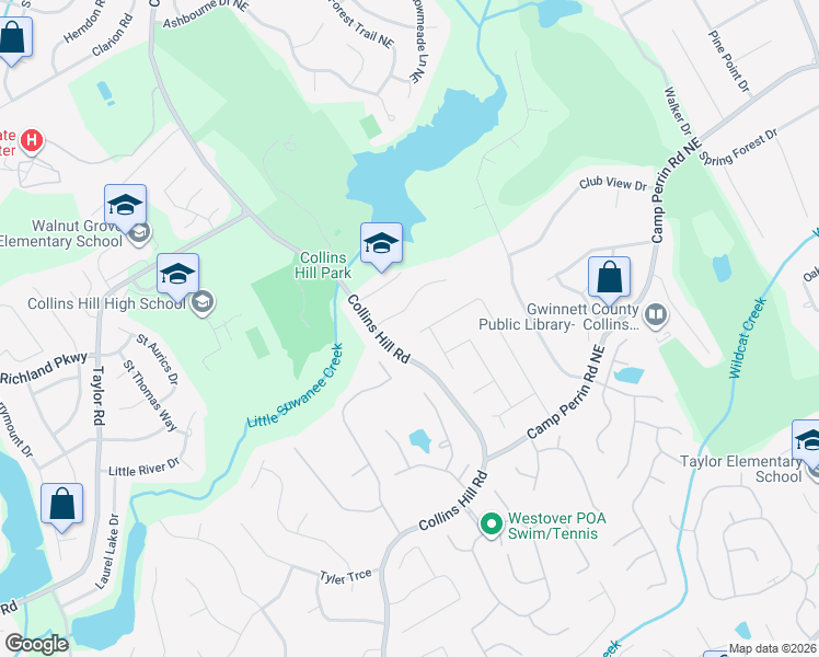 map of restaurants, bars, coffee shops, grocery stores, and more near 2215 Parliament Drive in Lawrenceville
