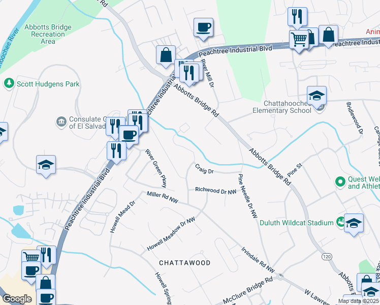 map of restaurants, bars, coffee shops, grocery stores, and more near 4124 Rogers Creek Court in Duluth