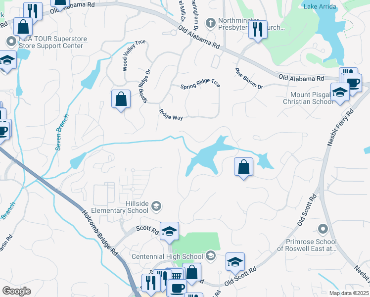 map of restaurants, bars, coffee shops, grocery stores, and more near 525 Water Shadow Lane in Alpharetta
