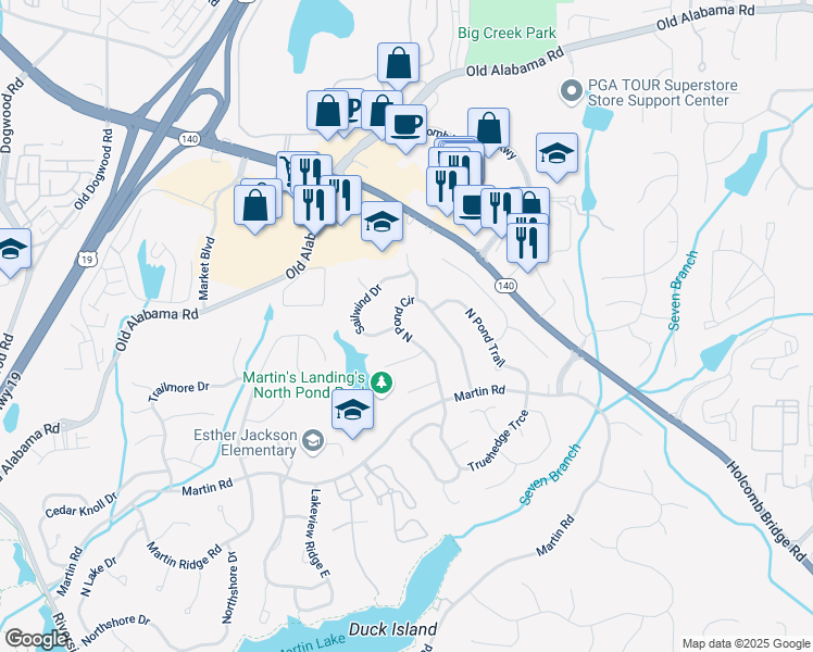 map of restaurants, bars, coffee shops, grocery stores, and more near 9695 North Pond Circle in Roswell