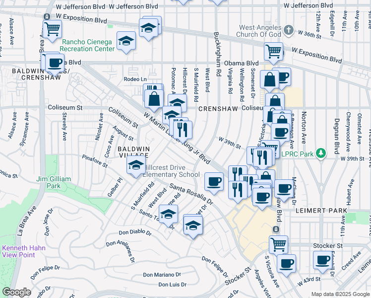 map of restaurants, bars, coffee shops, grocery stores, and more near 4008 West Martin Luther King Junior Boulevard in Los Angeles