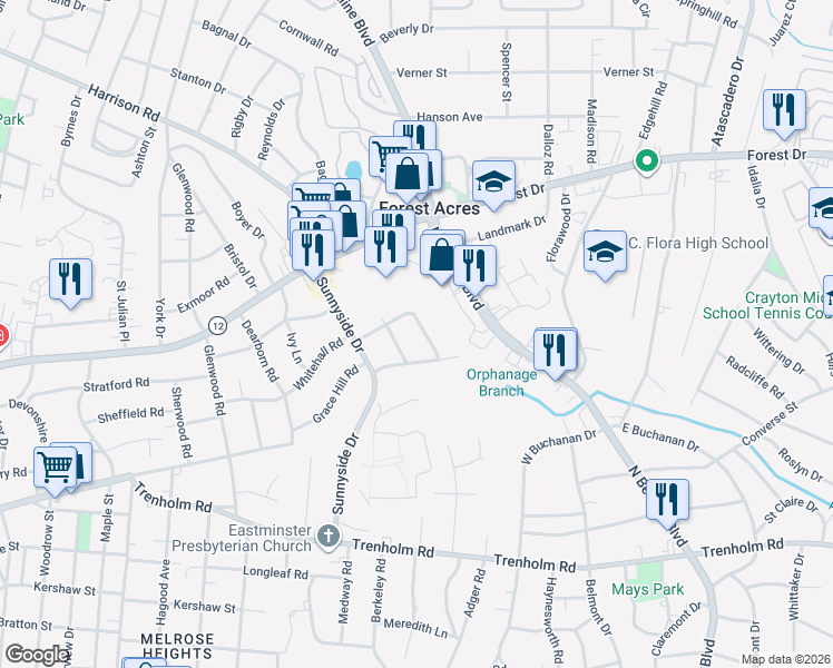 map of restaurants, bars, coffee shops, grocery stores, and more near 1424 McArthur Avenue in Columbia