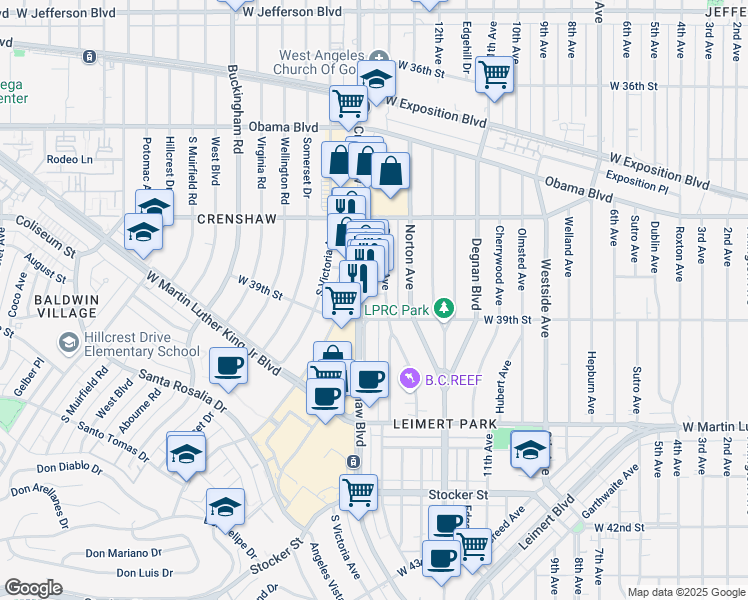 map of restaurants, bars, coffee shops, grocery stores, and more near 3870 Crenshaw Boulevard in Los Angeles