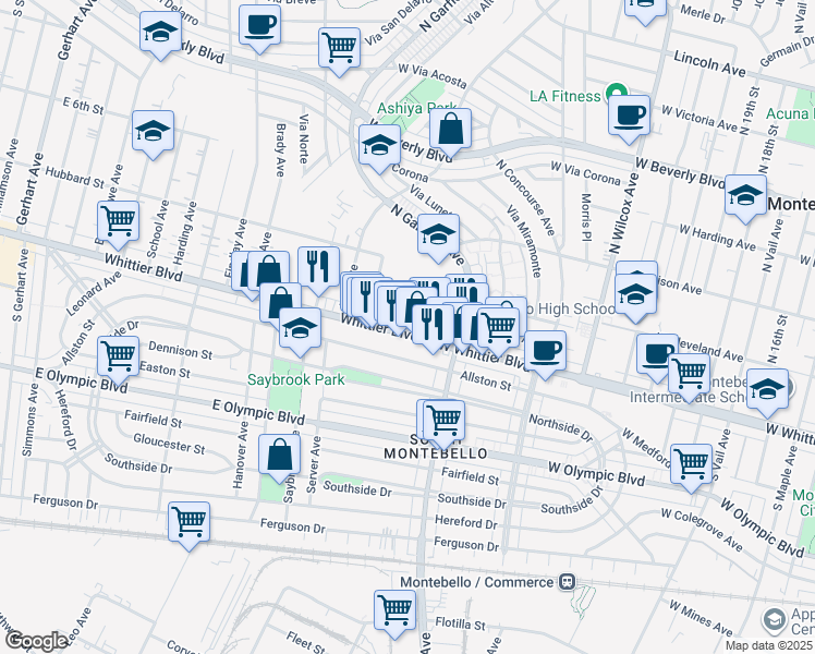 map of restaurants, bars, coffee shops, grocery stores, and more near 6513 Whittier Boulevard in East Los Angeles