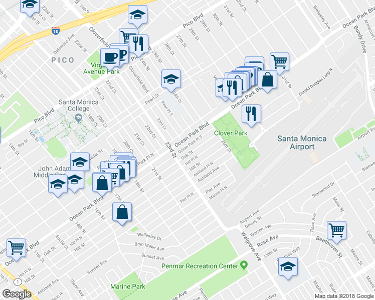 map of restaurants, bars, coffee shops, grocery stores, and more near 2333 Oak Street in Santa Monica