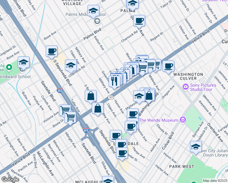 map of restaurants, bars, coffee shops, grocery stores, and more near 10937 Venice Boulevard in Los Angeles