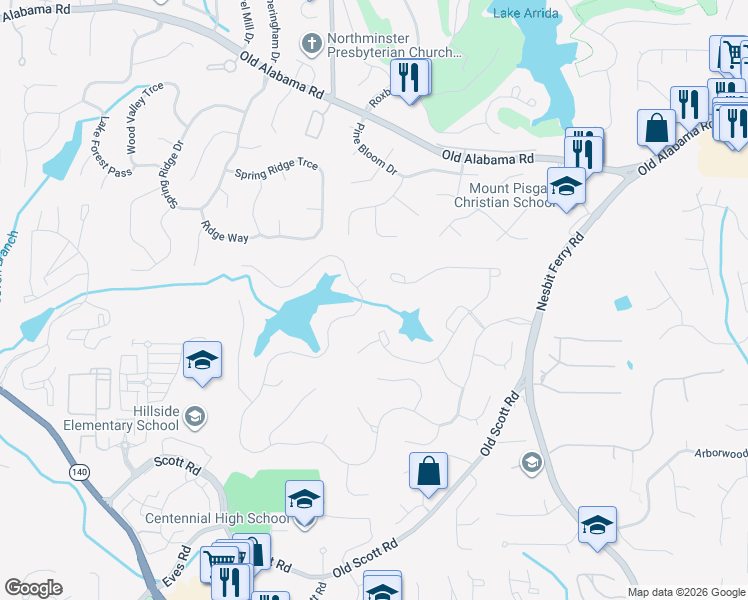 map of restaurants, bars, coffee shops, grocery stores, and more near 9050 Nesbit Lakes Dr in Alpharetta