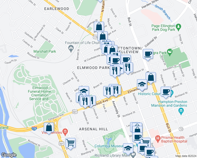 map of restaurants, bars, coffee shops, grocery stores, and more near 2214 Clark Street in Columbia